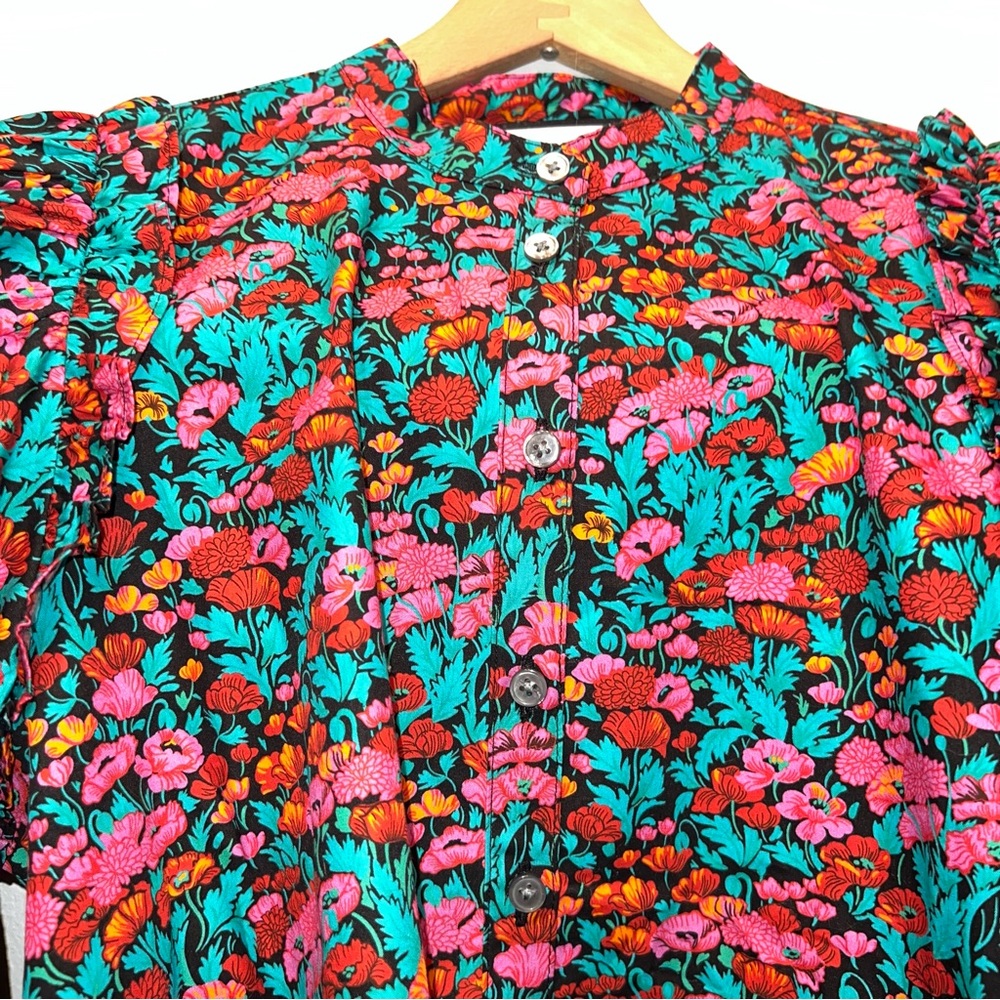 Re-Imagined J Crew Floral Cotton Poplin Ruffle Top Blouse Size XS Button Up - Picture 3 of 8